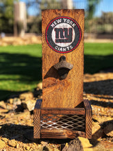 Load image into Gallery viewer, New York Giants Wooden Bottle Opener, NFL Wall Mounted Cap Catcher, Football Fan Gift, Handcrafted Sports Bar Decor, Game Day Essential