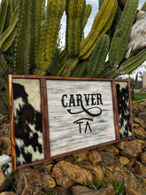 Load image into Gallery viewer, Farmhouse Cowhide Sign, Custom white last name sign, Western home decor, Modern framed farmhouse sign