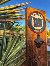 Load image into Gallery viewer, New York Giants Wooden Bottle Opener, NFL Wall Mounted Cap Catcher, Football Fan Gift, Handcrafted Sports Bar Decor, Game Day Essential