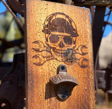 Load image into Gallery viewer, Construction Worker Skull Wooden Bottle Opener with Cap Catcher