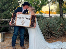 Load image into Gallery viewer, Farmhouse Cowhide Sign, Custom white last name sign, Western home decor, Modern framed farmhouse sign