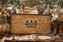 Load image into Gallery viewer, Personalized Wooden Wedding Guest Book | Rustic Burnt Wood Guest Book Alternative | Custom Wedding Sign Keepsake | Cow Tag Sign