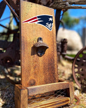 Load image into Gallery viewer, Patriots Wooden Bottle Opener, NFL Wall Mount Cap Catcher, Sports Bar Decor