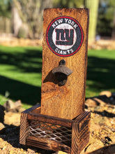 Load image into Gallery viewer, New York Giants Wooden Bottle Opener, NFL Wall Mounted Cap Catcher, Football Fan Gift, Handcrafted Sports Bar Decor, Game Day Essential
