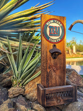 Load image into Gallery viewer, New York Giants Wooden Bottle Opener, NFL Wall Mounted Cap Catcher, Football Fan Gift, Handcrafted Sports Bar Decor, Game Day Essential
