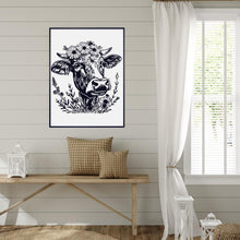 Load image into Gallery viewer, Black and White Cow Poster, Farmhouse Wall Decor, Cow with Flower Crown, Boho Gift
