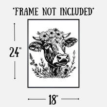 Load image into Gallery viewer, Black and White Cow Poster, Farmhouse Wall Decor, Cow with Flower Crown, Boho Gift
