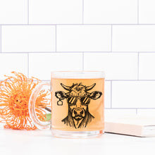 Load image into Gallery viewer, Funny Cow Glass Mug, Farmhouse Kitchen Gift, Rustic Farm Coffee Cup

