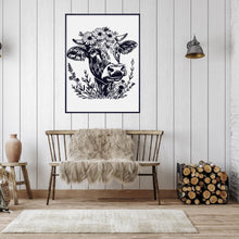 Load image into Gallery viewer, Black and White Cow Poster, Farmhouse Wall Decor, Cow with Flower Crown, Boho Gift
