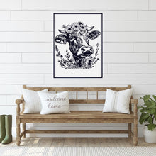 Load image into Gallery viewer, Black and White Cow Poster, Farmhouse Wall Decor, Cow with Flower Crown, Boho Gift
