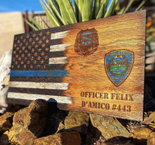 Load image into Gallery viewer, Custom Thin Blue Line Wooden Flag, Personalized Police Officer Gift
