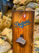 Load image into Gallery viewer, Los Angeles Dodgers Wooden Bottle Opener, MLB Wall Mount, Baseball Fan Gift, Sports Bar Decor
