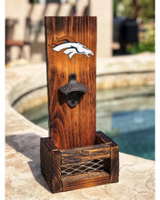 Load image into Gallery viewer, Denver Broncos Wooden Bottle Opener, NFL Cap Catcher, Sports Bar Decor
