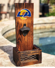 Load image into Gallery viewer, Los Angeles Rams Wooden Bottle Opener, Wall Mounted Cap Catcher, Football Fan Gift
