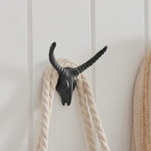 Load image into Gallery viewer, Rustic Goat Horn Skull Wall Hook | Cast Iron Farmhouse Coat Hooks | Western Decor Mount | Modern Rustic Home Accents
