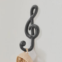 Load image into Gallery viewer, Cast Iron Treble Clef Wall Hook | Musical Note Decorative Hook | Boho Rustic Coat &amp; Towel Hanger | Music Lover Wall Decor | Entryway Hook
